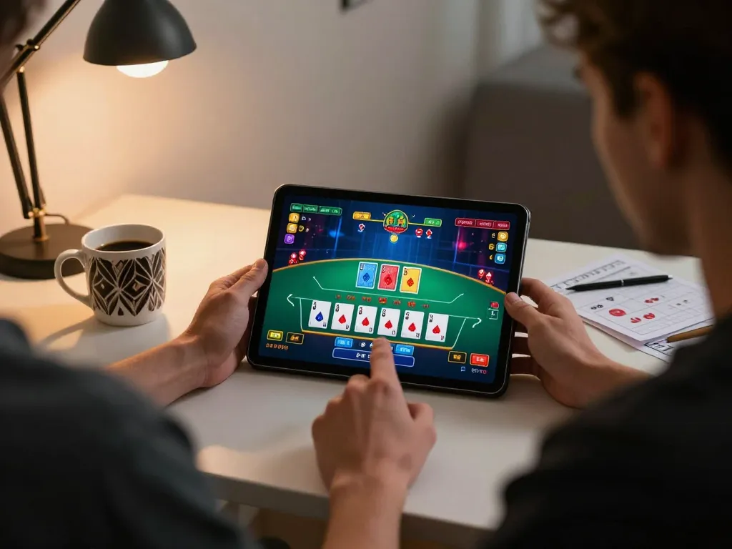 Engaged player enjoying sanclub's live dealer blackjack on a tablet in a cozy home office