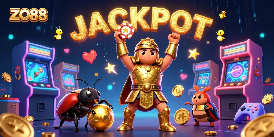 Activate ZO88's exciting jackpot experience with a vibrant 3D casino scene featuring animated beetles and gaming elements.