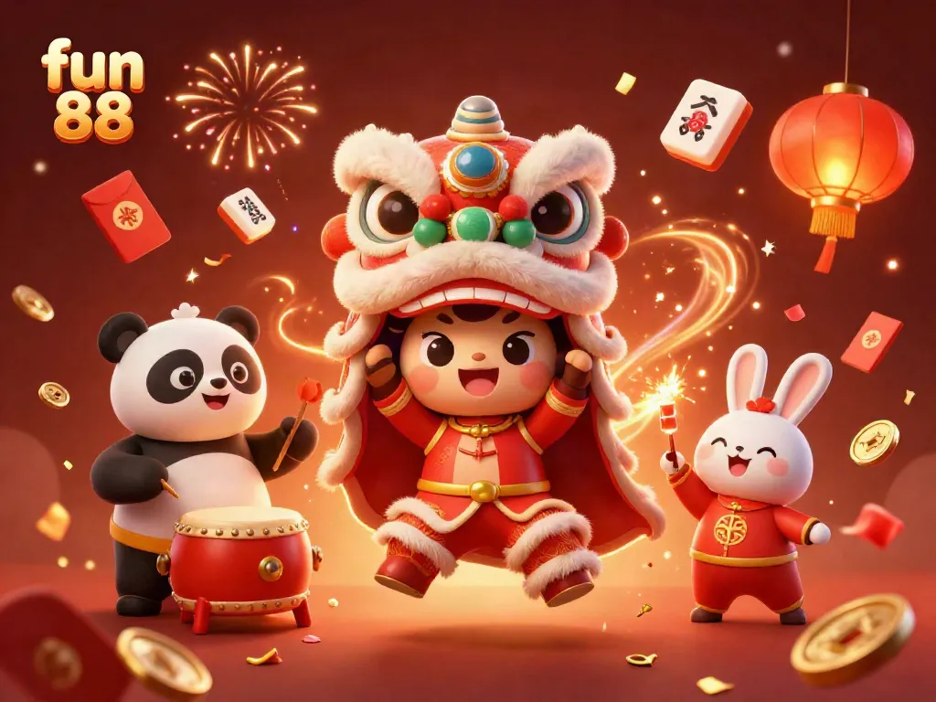 Experience the excitement of fun 88 with a vibrant lion dance, celebrating online gaming!