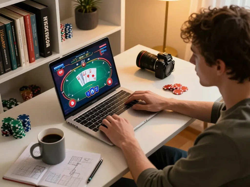 Engage with live poker strategies at five88 in a modern home gaming setup with a focused player.