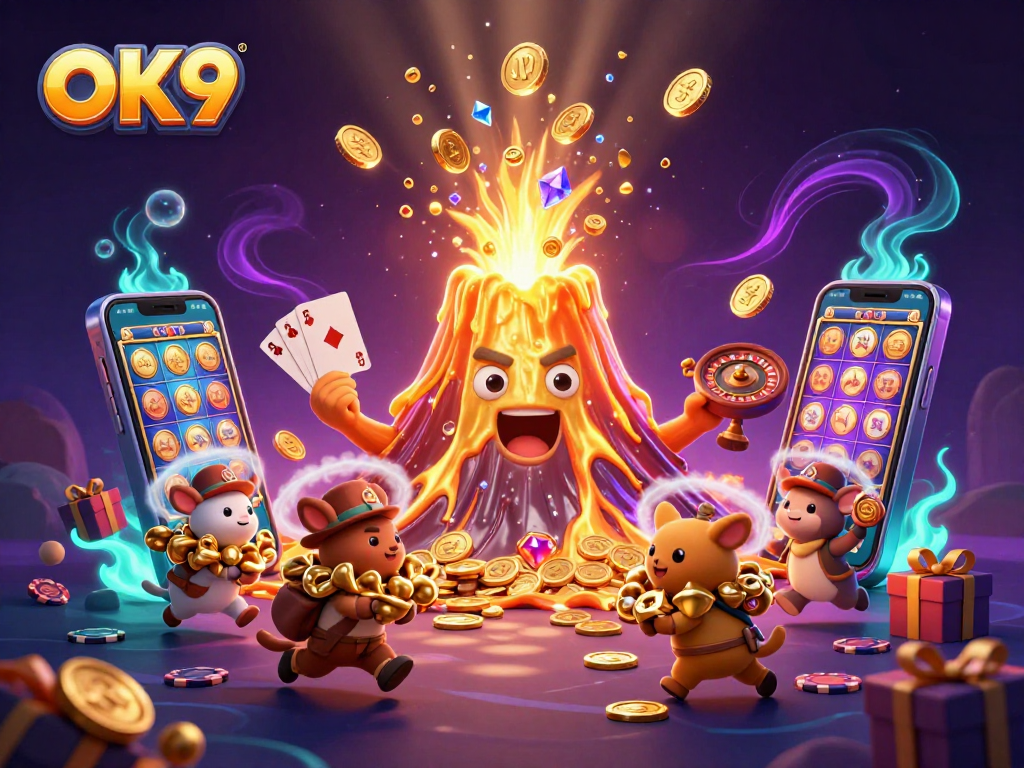 Experience the thrill of winning with OK9's vibrant casino games and gold coins erupting from a volcano.