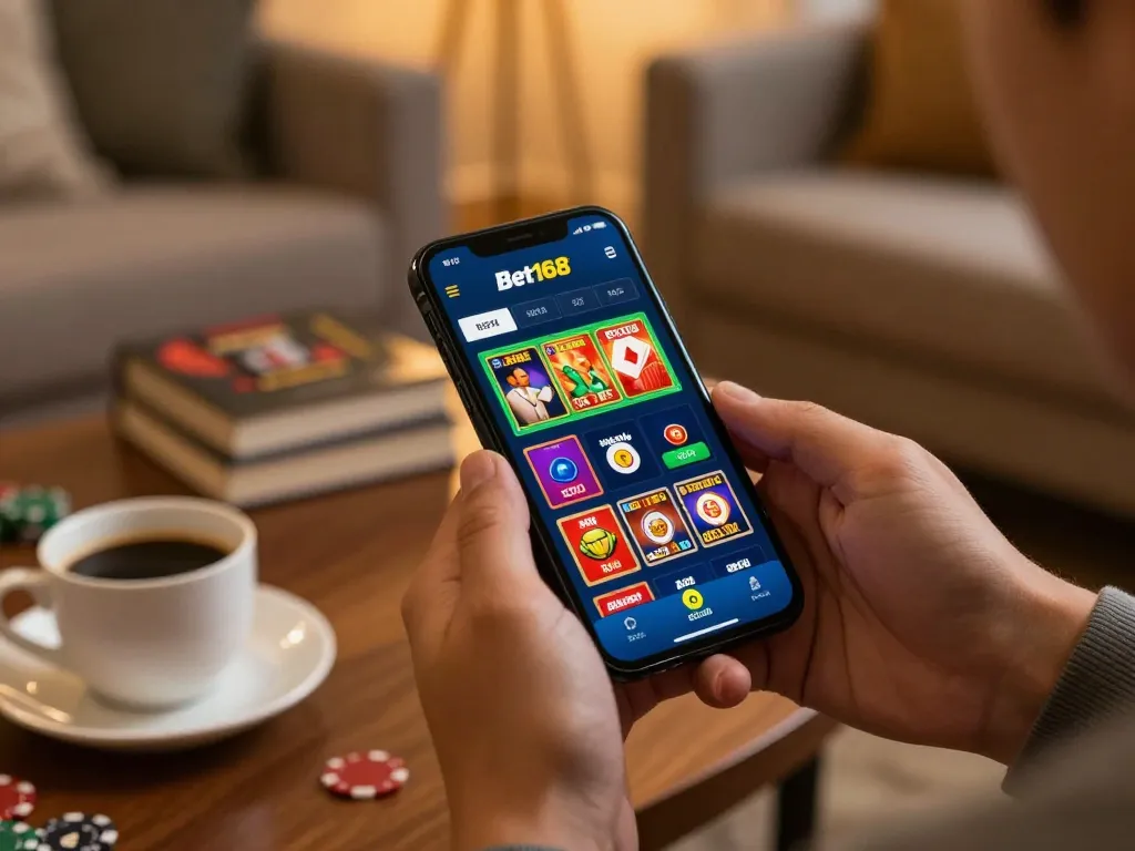 Engaging Bet168 gaming interface displayed on smartphone, showcasing diverse betting options in a cozy home setting.