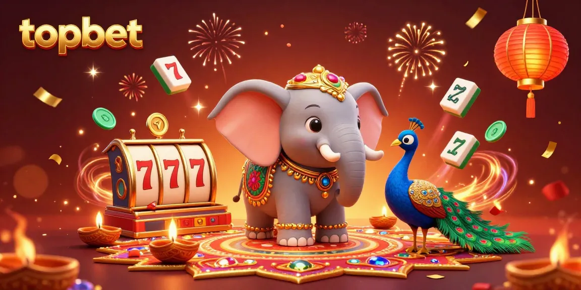 Experience the vibrant energy of topbet's online casino with an engaging 3D illustration featuring festive elements.