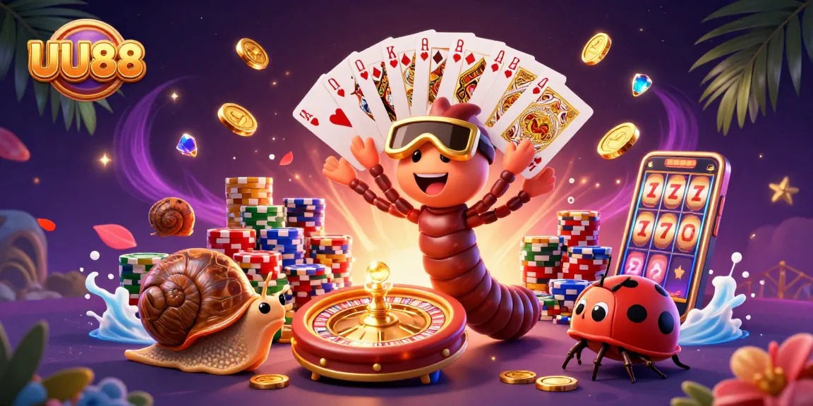UU88 gaming scene showcasing a vibrant cartoon casino with a millipede dealer and exciting game elements.