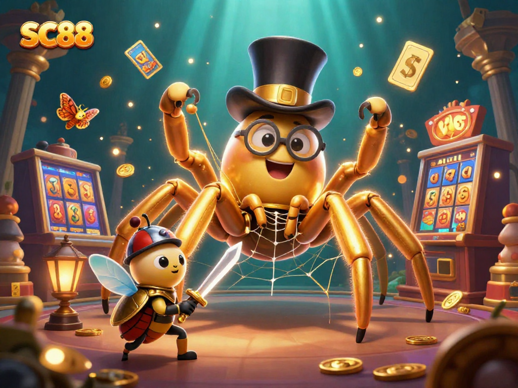 Win big at SC88 as a brave beetle knight battles a golden tarantula in this vibrant gaming scene.