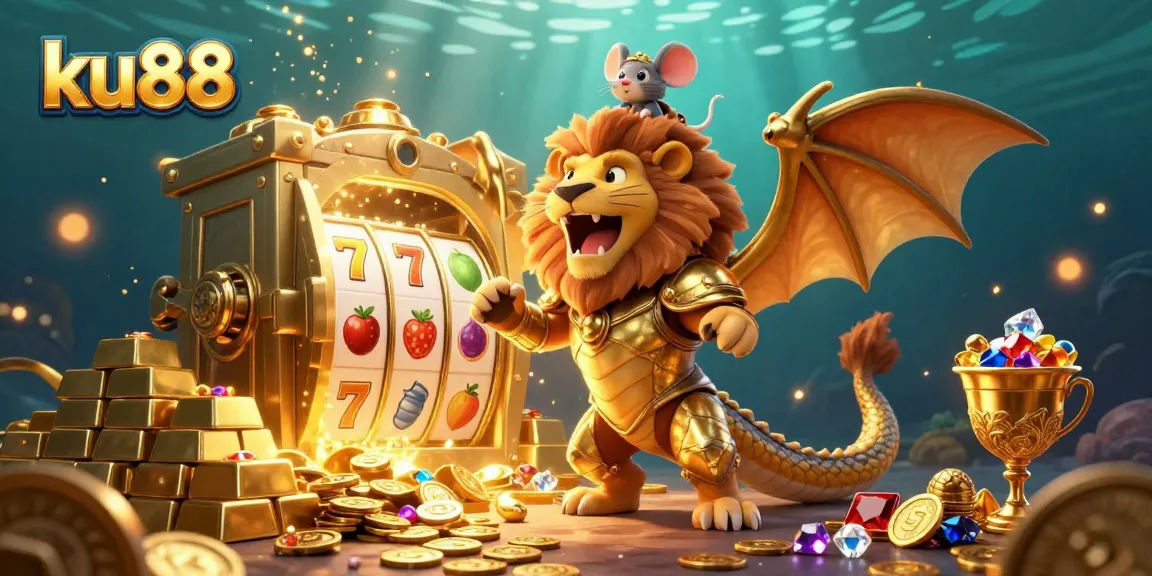 ku88 theme with golden treasures and slot symbols in a vibrant 3D casino scene.