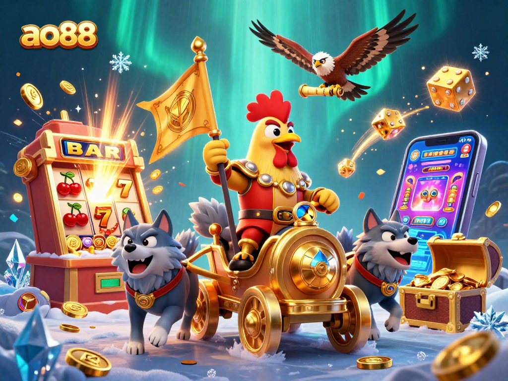 Spin the reels at ao88 with a vibrant 3D scene of jackpots, golden treasures, and engaging characters.