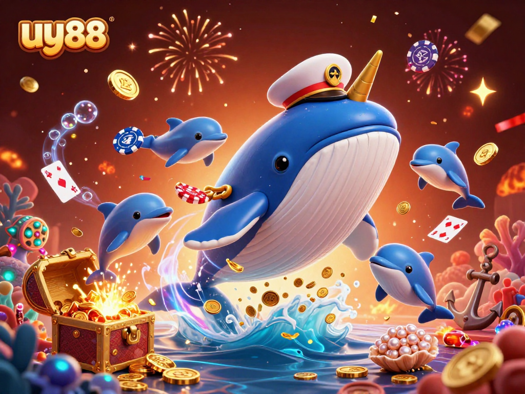 Experience thrilling games at uy88 with playful dolphins and a captain whale celebrating wins.