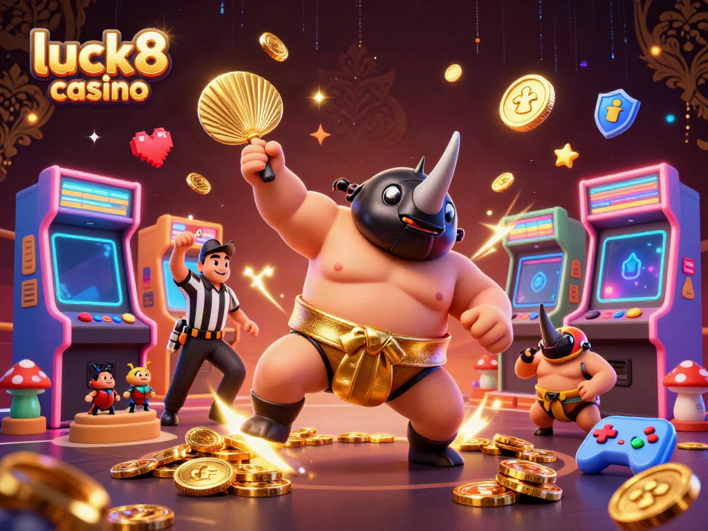 Experience gaming excitement at luck8 casino with vibrant 3D illustrations of beetle characters and arcade elements.