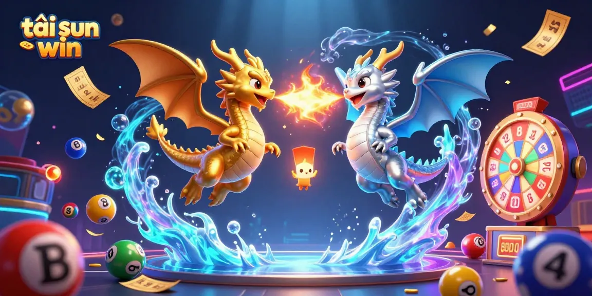 Engage with tải sun win through an exhilarating lottery and casino scene illustrated with dragons and vibrant game elements.