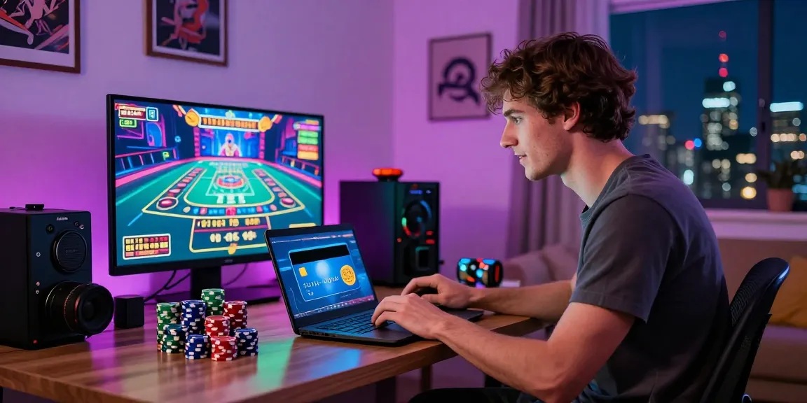 Engaged player enjoying online casinos that accept credit cards in cozy living room with vibrant gaming atmosphere.