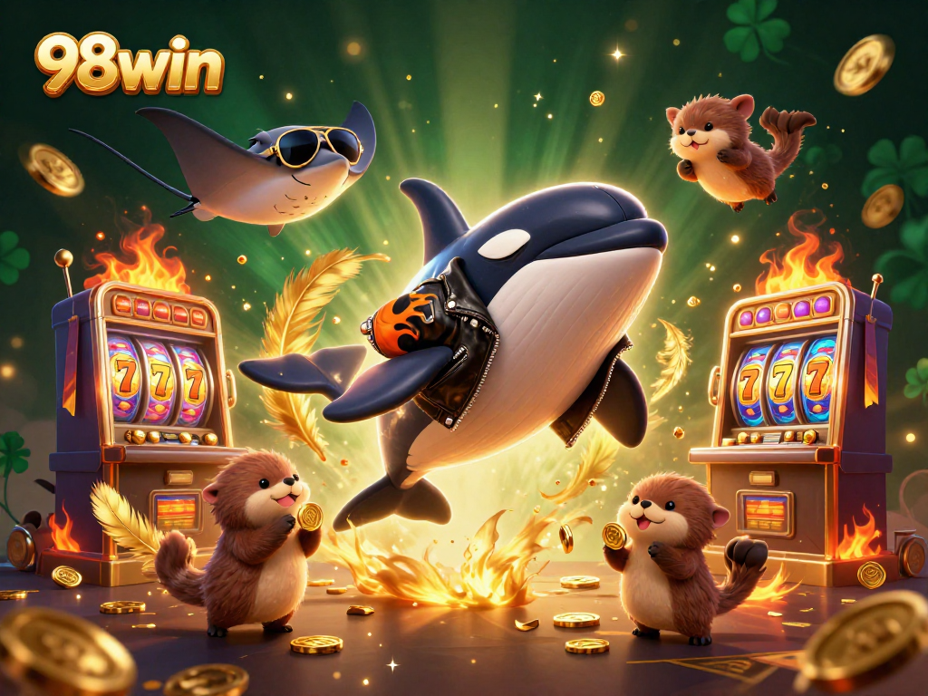 Engage in thrilling games at 98win with a whimsical scene of a whale, stingray, and otters amidst vibrant casino elements.