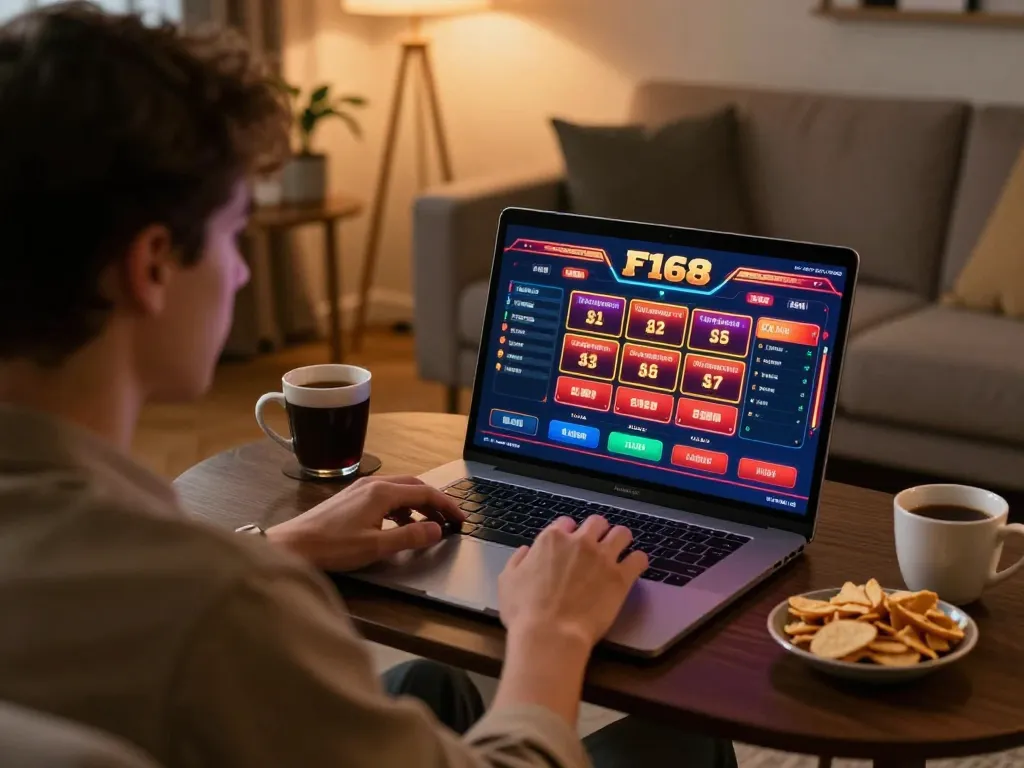 F168 user engaged in exciting online gambling session at home with laptop.