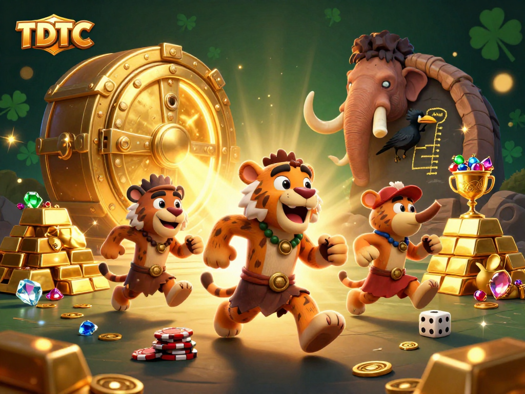 Engage in thrilling TDTC gaming with a caveman duo and a clever crow in a vibrant prehistoric casino.