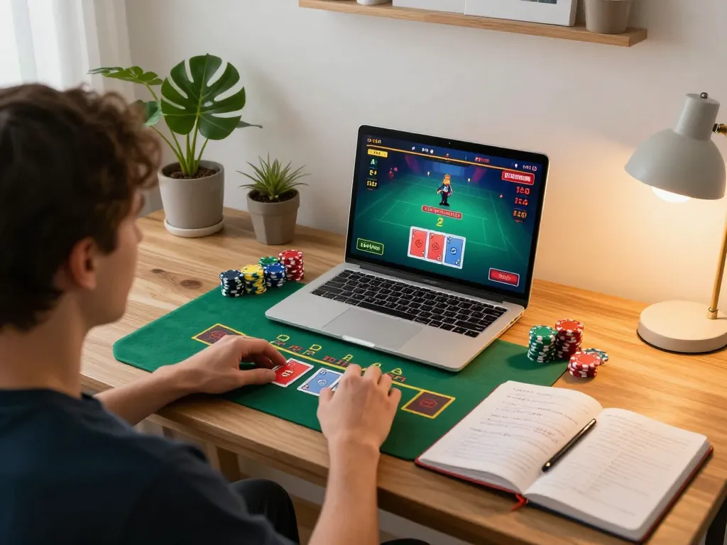 Engaging in a thrilling blackjack game on G28 with chips on laptop screen in cozy home atmosphere