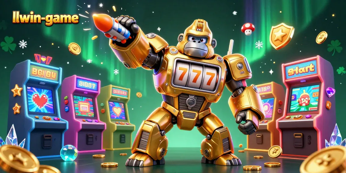 Engage with the vibrant llwin-game illustration featuring a golden gorilla mech in a dynamic casino scene.