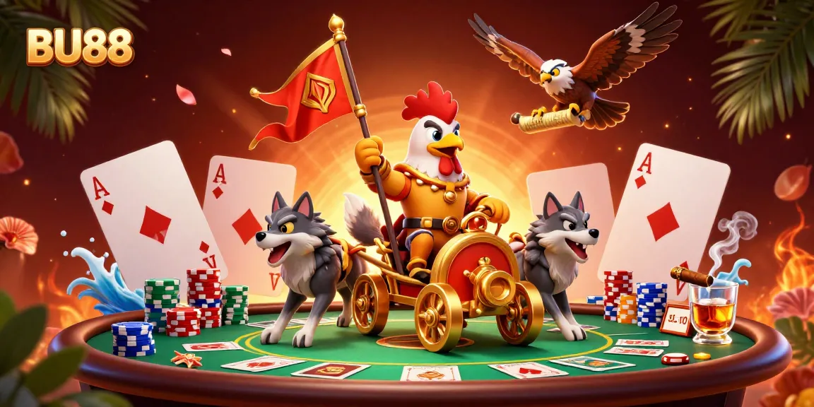 Engage with BU88's online gaming excitement, featuring dynamic poker action and vibrant casino elements.