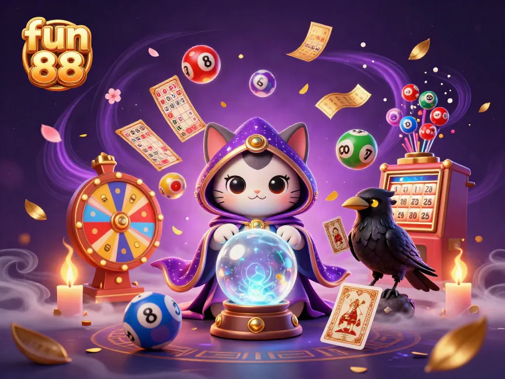 Engage with fun 88's vibrant lottery scene featuring dynamic colorful balls and mystical characters.