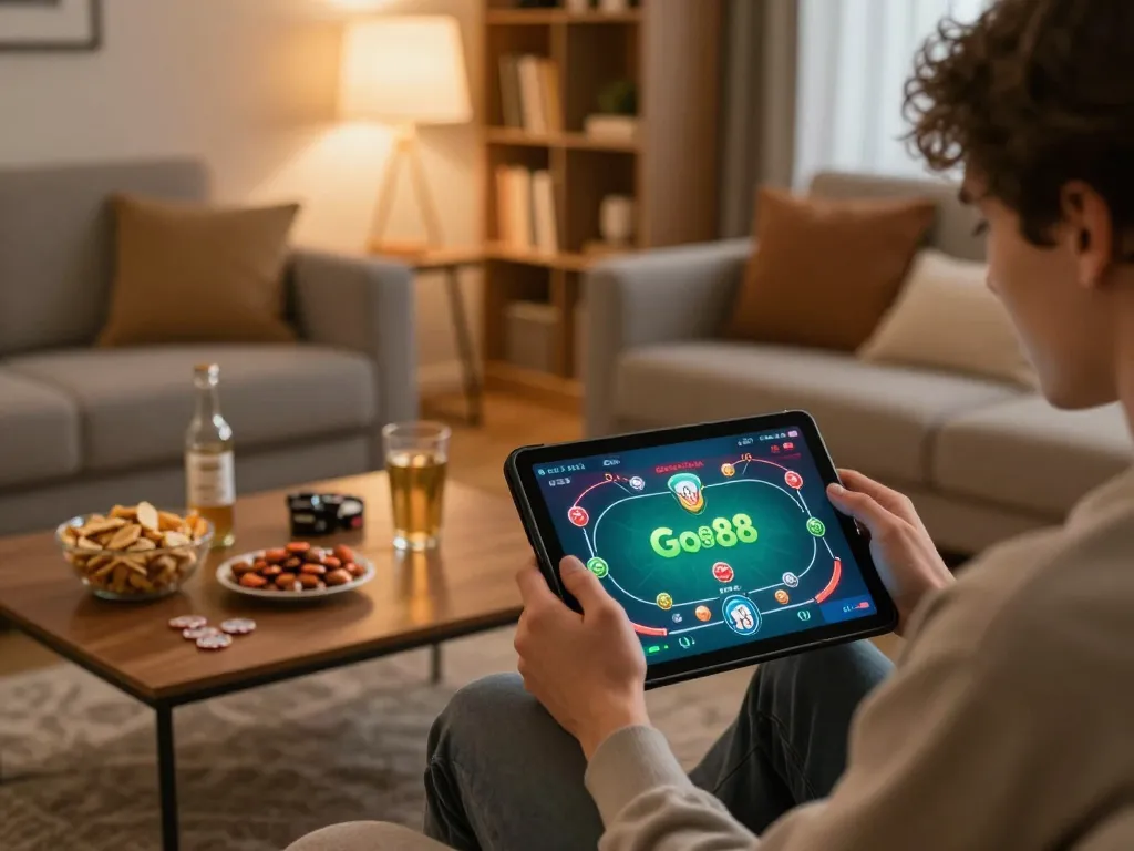 Engaged player enjoying Go88 online gaming session in a cozy home setting.