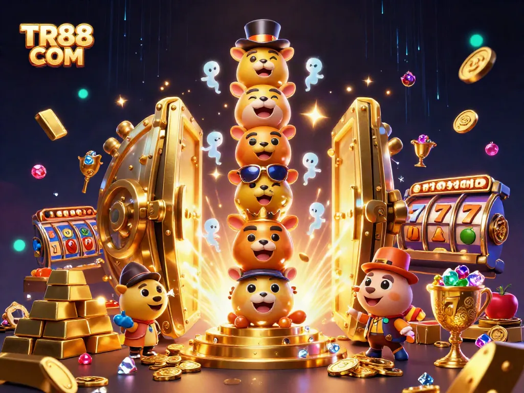 Win big with TR88 COM in a vibrant casino scene filled with gold and slot symbols.