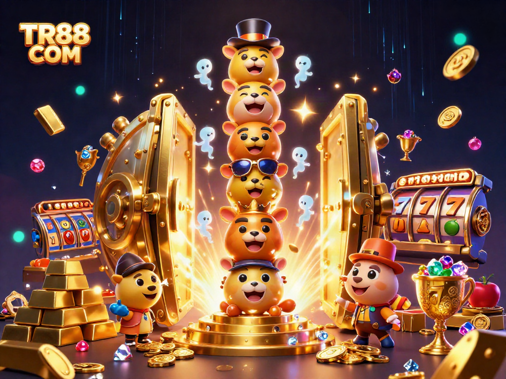 Win big with TR88 COM in a vibrant casino scene filled with gold and slot symbols.