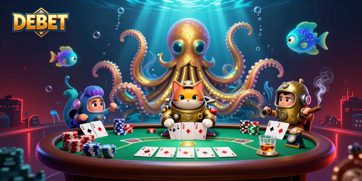 Play DEBET at an exciting poker scene with kraken and diving cat, showcasing thrilling underwater action.