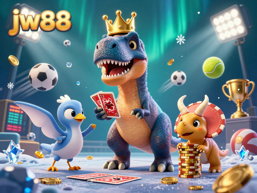 Experience the thrilling games at jw88 with a fun dinosaur-themed casino scene.