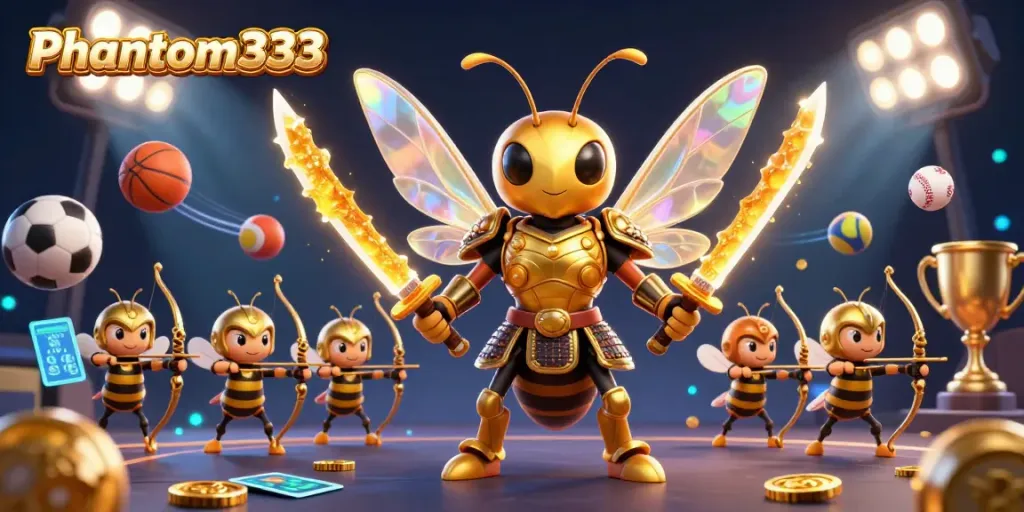 Engage with Phantom333’s thrilling gambling adventure featuring samurai hornets amidst vibrant sports elements.
