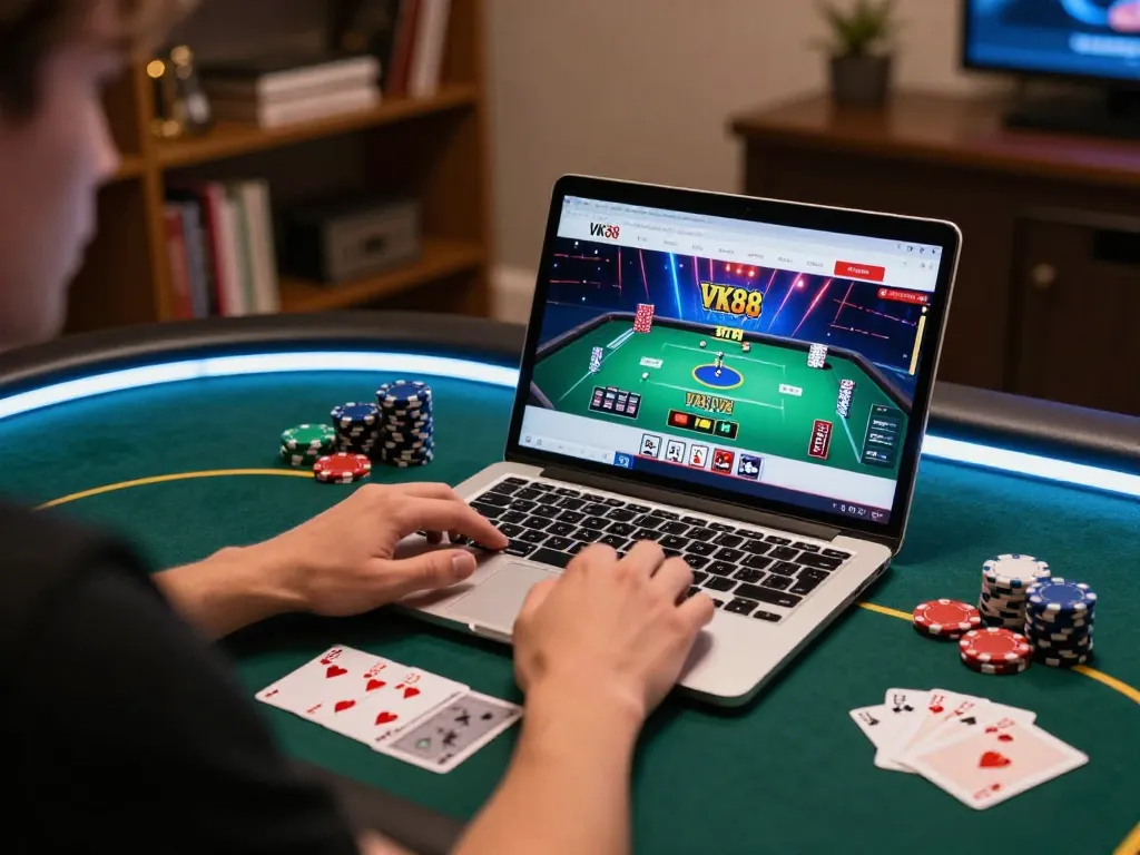 Player engaged in an online VK88 poker game, showcasing strategic betting and vibrant gaming atmosphere