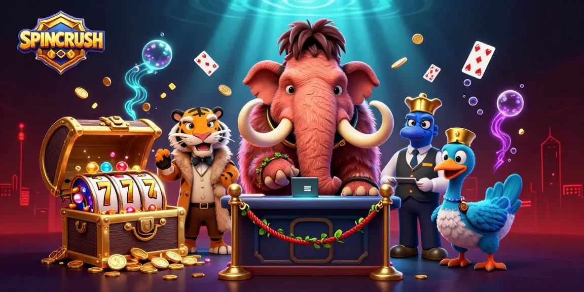 Experience the excitement of SPINCRUSH with vibrant characters amidst casino-themed elements like slot reels.