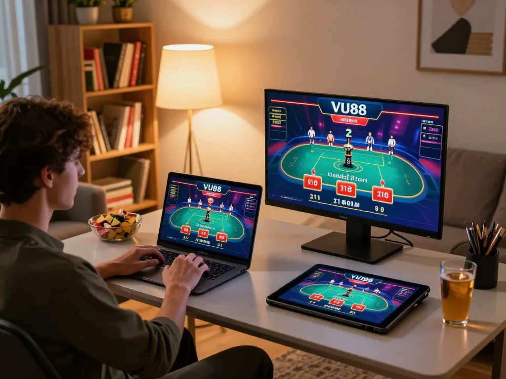 VU88 online gaming experience with a player winning at live dealer games in a cozy home.