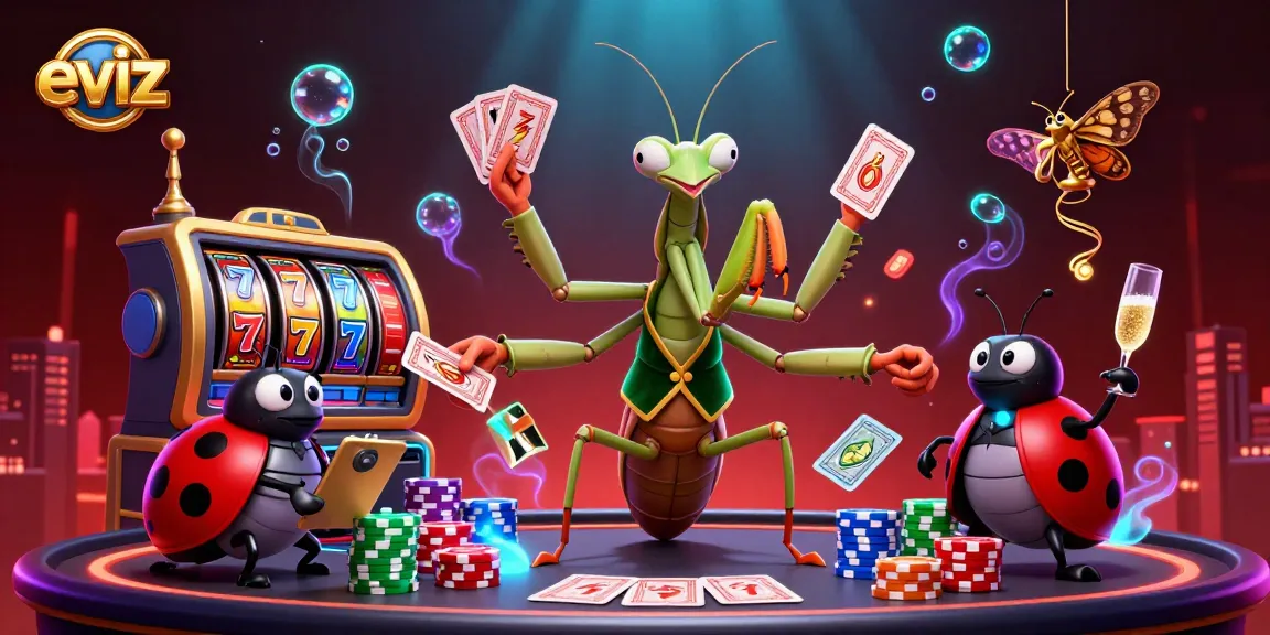 Delve into the exciting world of eviz casinos with a vibrant 3D illustration featuring a card sharp, pit boss, and lively game symbols.