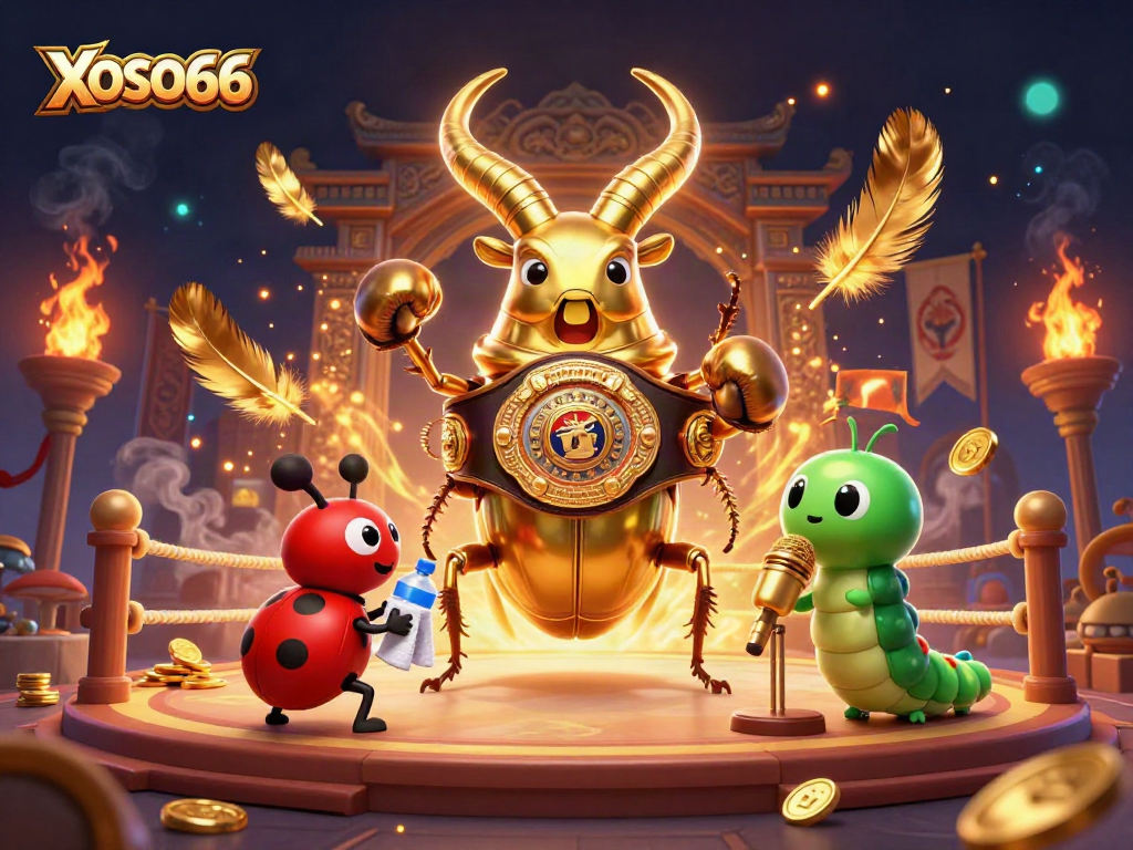 XOSO66 features a golden beetle champion in an epic boxing ring illustrating the thrill of online gambling.