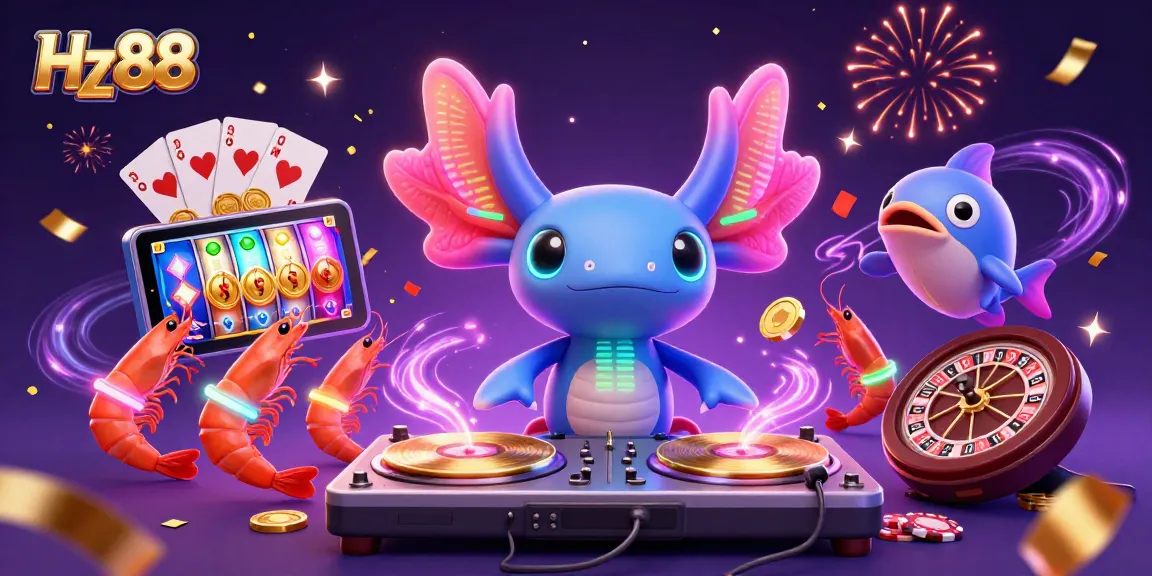Experience exciting gaming action with Hz88, featuring a lively axolotl DJ and vibrant casino elements.