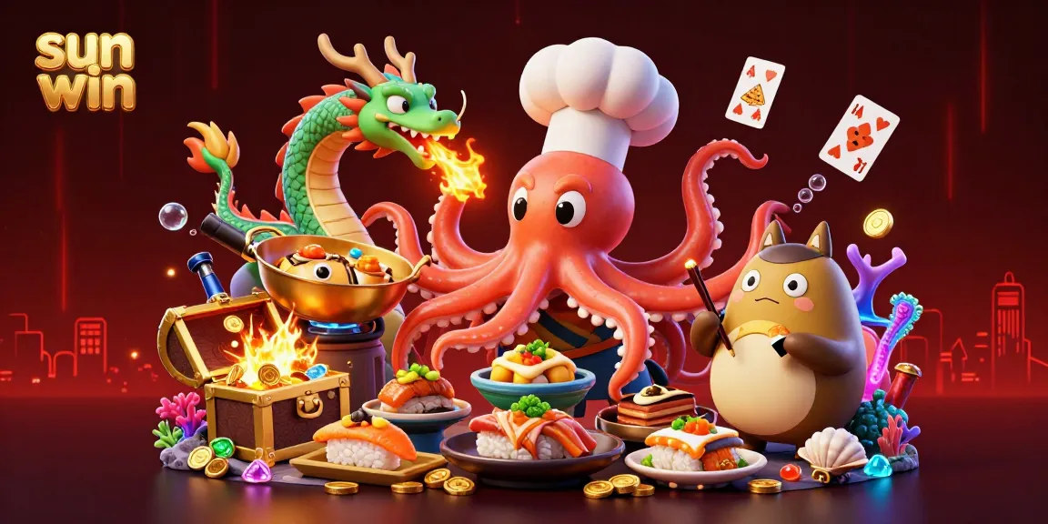 Experience thrilling gameplay with sun win featuring an octopus chef, dragon, and tanuki in a vibrant casino scene.