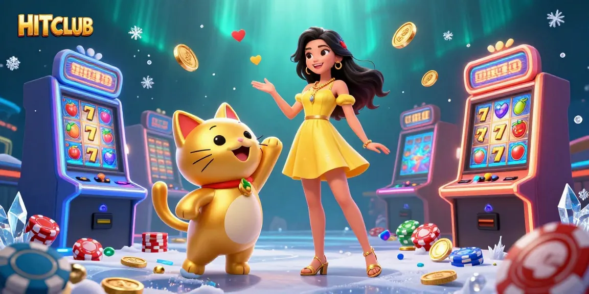 Spin the reels at HITCLUB with lucky symbols and smiling characters in a vibrant casino scene.