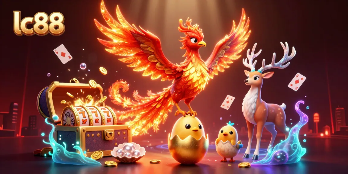 Engage with thrilling games at lc88, featuring a vibrant phoenix scene with gold coins and slot elements.