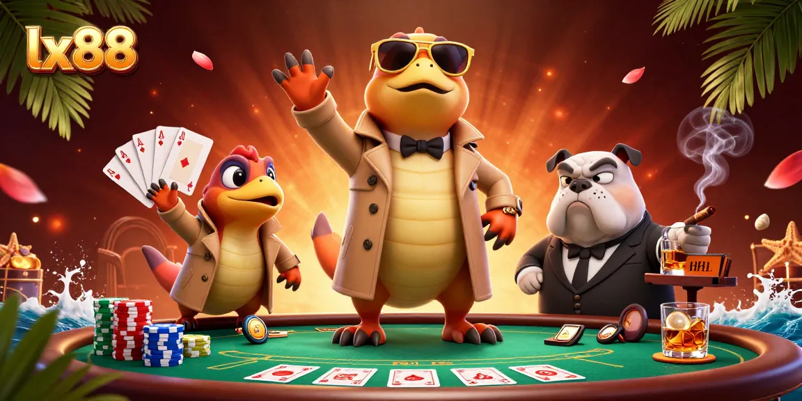 Play poker and win at lx88 with raptors in disguise entering a VIP casino lounge.