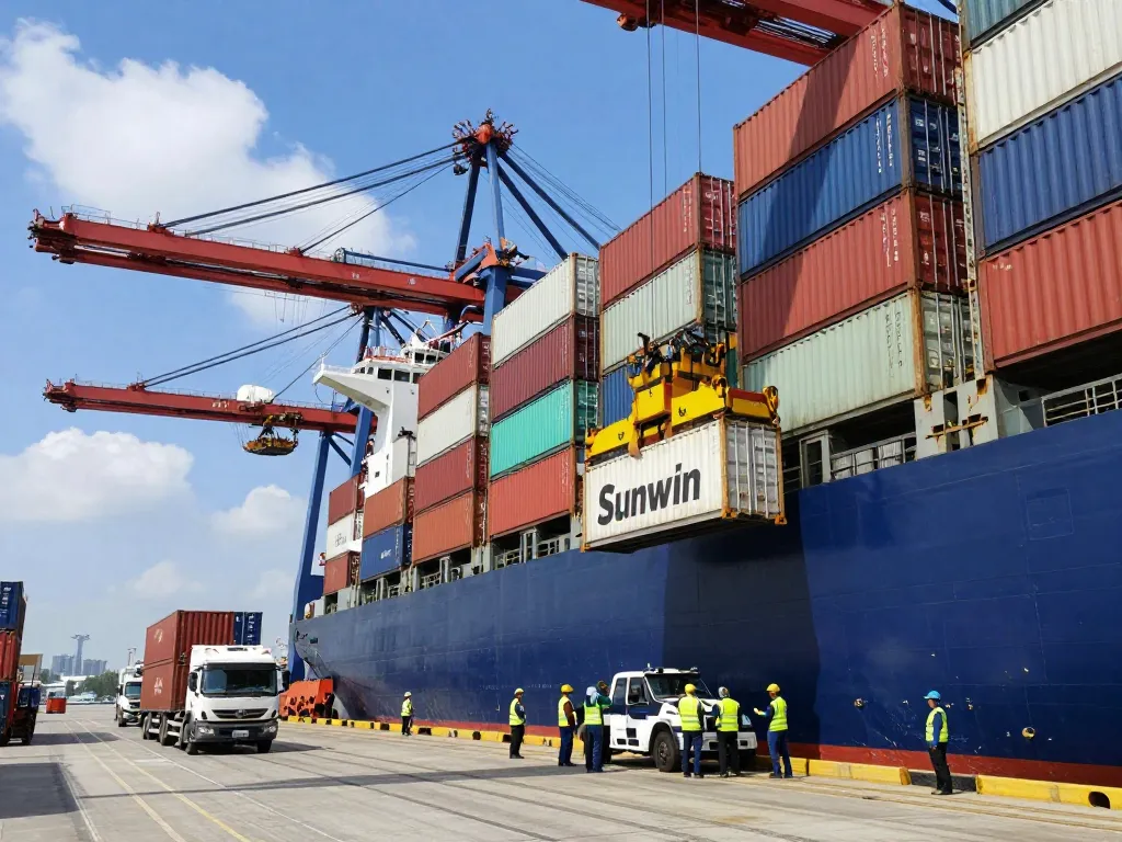 Container ship 'Sunwin' at busy port, showcasing maritime logistics.