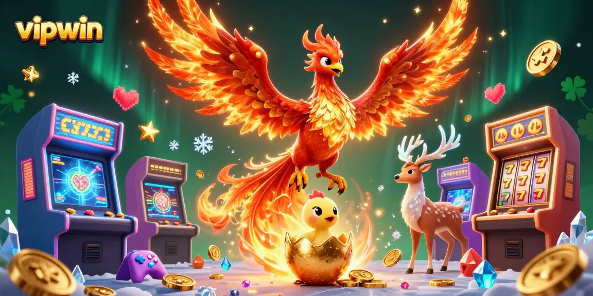 Engage in thrilling gameplay at vipwin, featuring a vibrant phoenix and mystical stag in a rich casino scene.