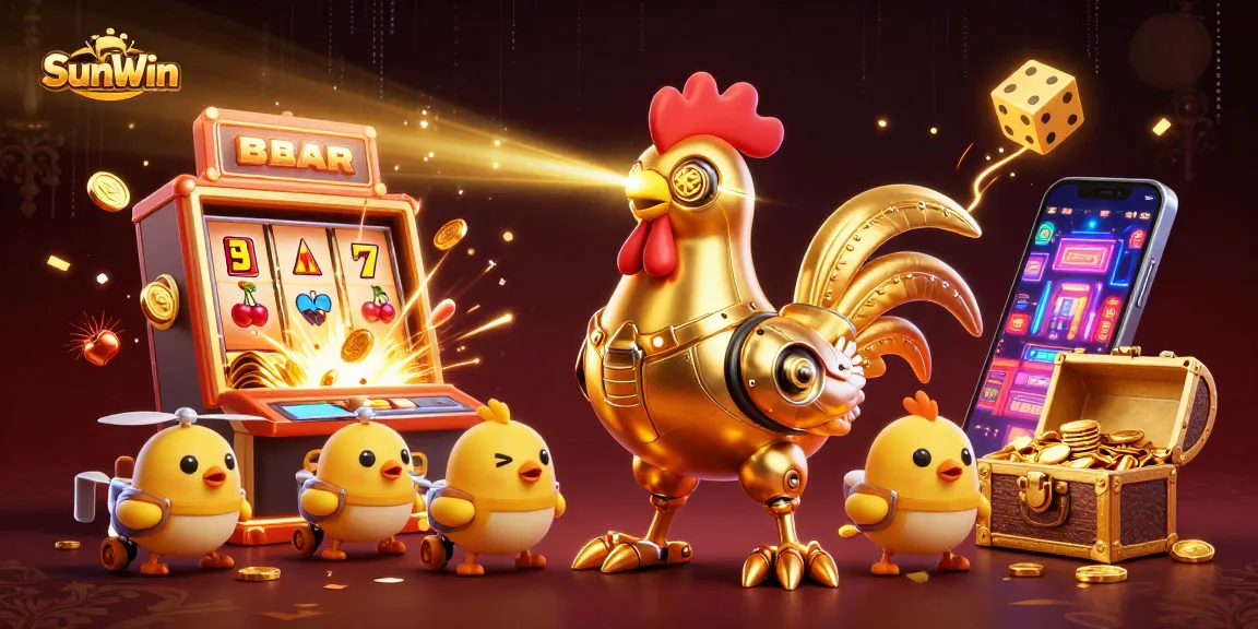 Engage with SunWin through an electrifying scene of a golden rooster robot and dynamic elements illustrating casino excitement.
