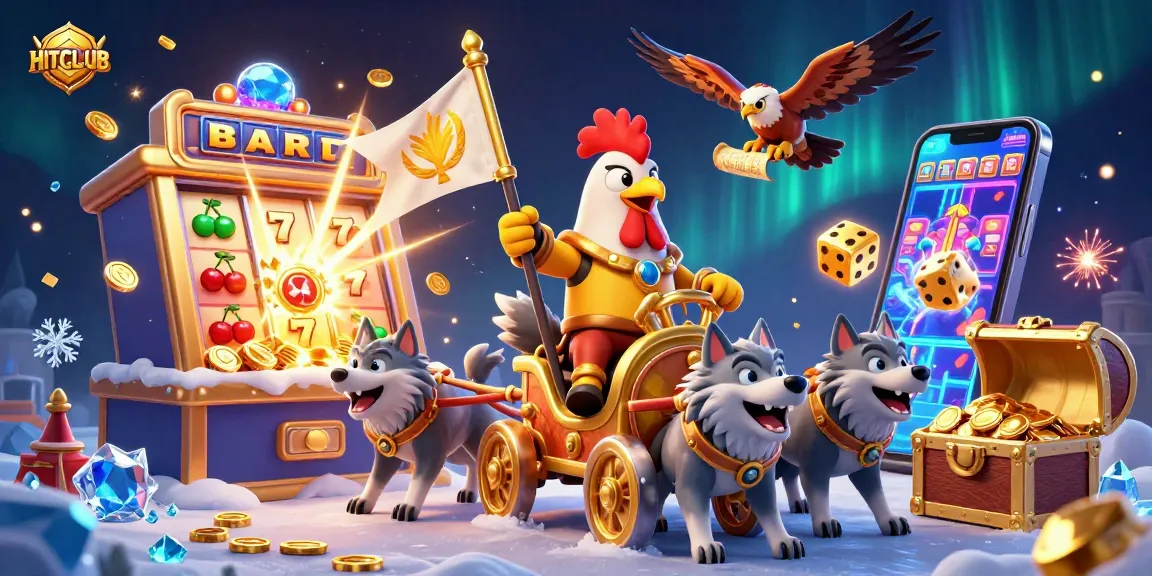 Experience HITCLUB excitement with a dynamic casino scene featuring a rooster warlord and slot machine action.