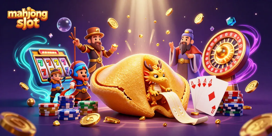 A vibrant mahjong slot scene featuring a golden dragon and fortune cookie surrounded by colorful casino elements.