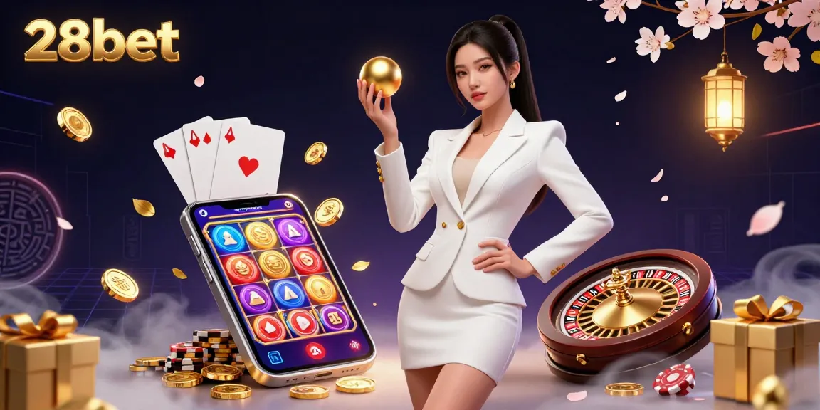 Experience the thrill of 28bet with a captivating 3D scene showcasing casino games and vibrant gaming elements.