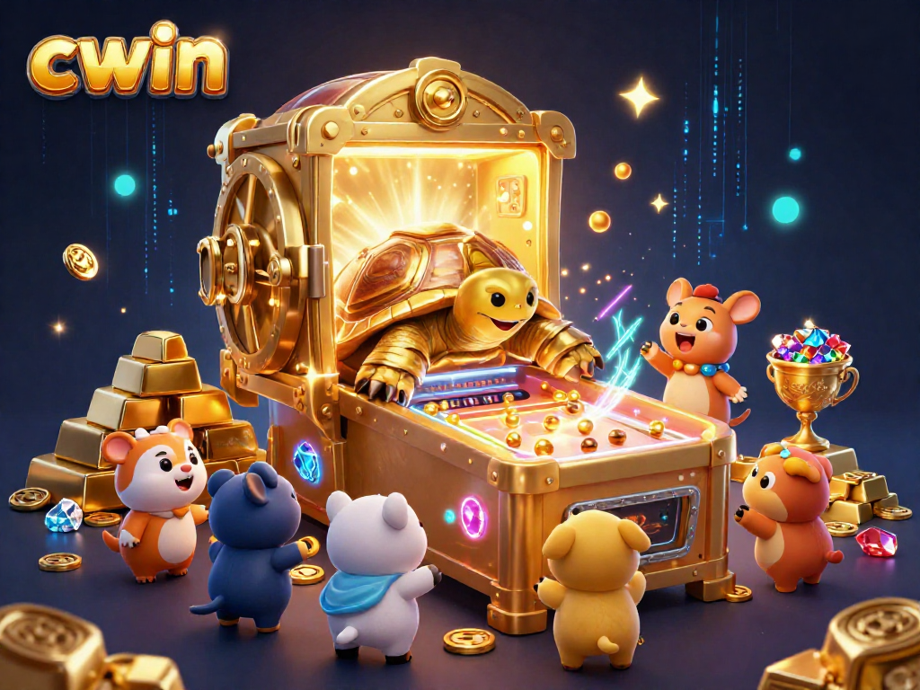 Experience cwin excitement in a vibrant 3D casino scene with a colossal tortoise pinball machine.
