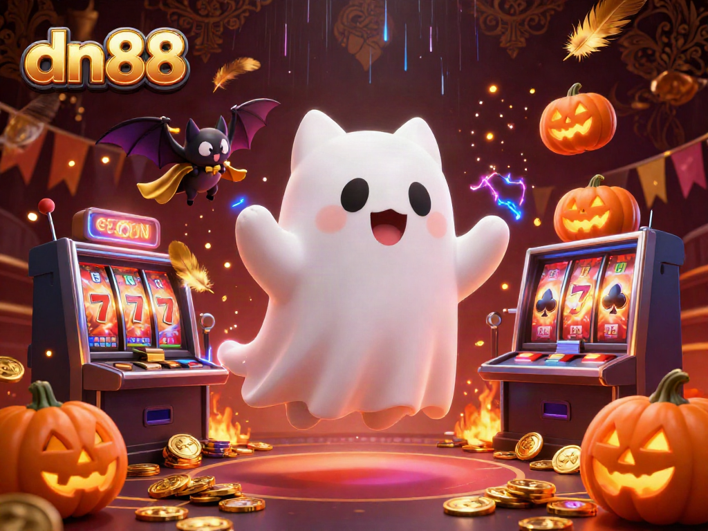 Watch the enchanting dn88 ghost cat haunt the lively casino filled with slot machines and glowing coins.