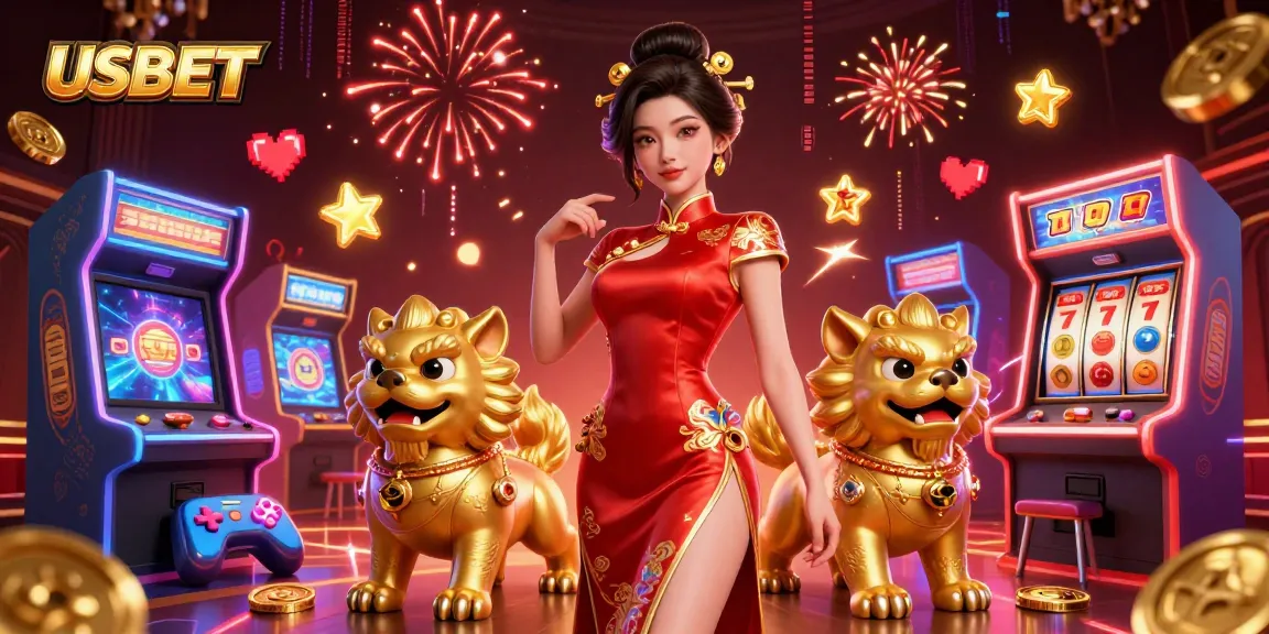 Engage in thrilling USBET excitement with a glamorous woman surrounded by festive casino elements.