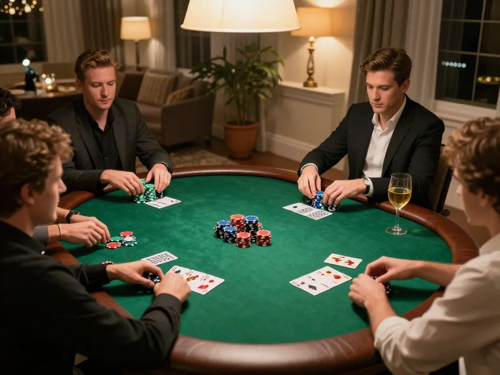 Players enjoying a high-stakes poker night at home, showcasing max88 chips and cards in play.