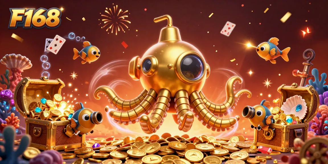 F168 showcases a vibrant underwater scene with a golden kraken submarine navigating through coins, enhancing your gaming adventure.