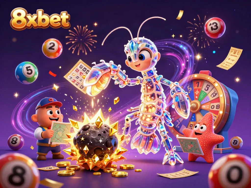 Experience thrilling wins with 8xbet as a galactic samurai mantis shrimp unleashes golden coins in a cosmic celebration.
